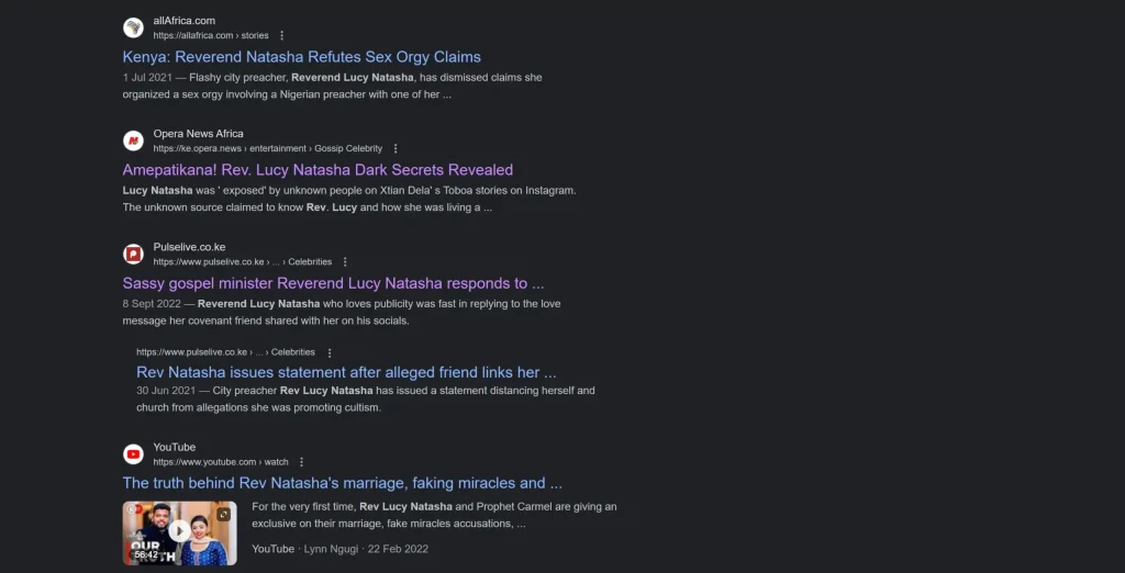 Rev. Lucy Natasha on Page 1 of Google
